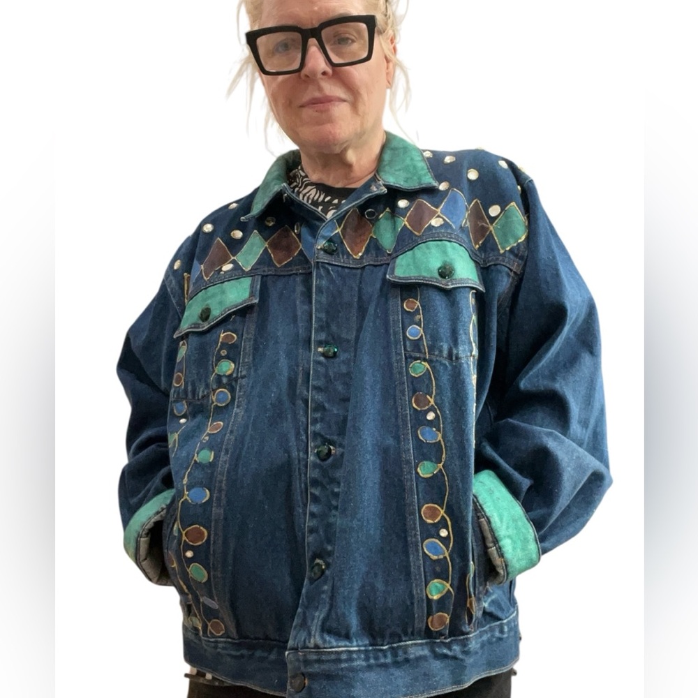 Vintage American Hero bedazzled Embellished Denim hand painted oversized Jacket